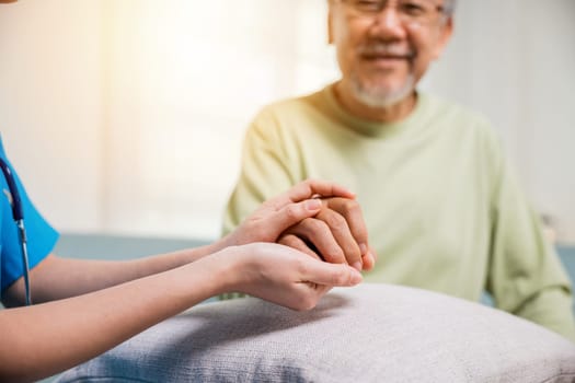 International Day for the Elderly. Young woman helping hands offering her senior man at home, Caring nurse helping elderly old man care facility gets help from hospital, old aged, medical healthcare