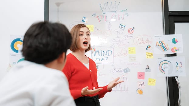 Young beautiful caucasian businesswoman presenting marketing strategy by using mind map, graph while answering questions with confident. Teamwork, brainstorming, discussing concept. Immaculate.