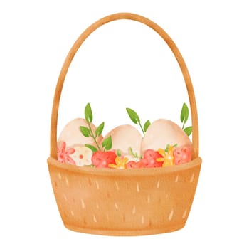 Cartoon-style wooden basket with a tall handle. Woven crate filled with fresh country eggs. Adorned with green sprigs and spring flowers. Eco-friendly product. for Easter. Watercolor illustration.