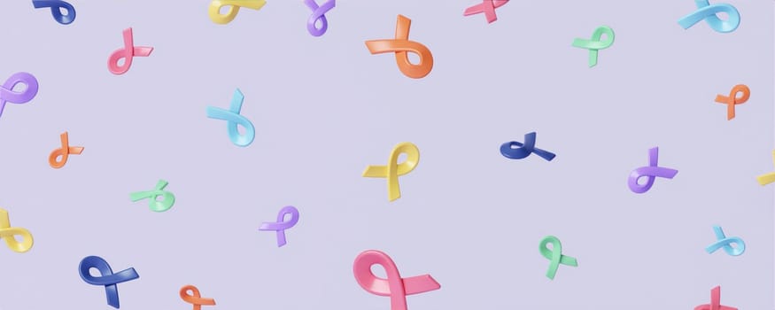 colorful ribbon with purple background and space for world Cancer Awareness Month and World Cancer Day banner background design in 3D illustration..