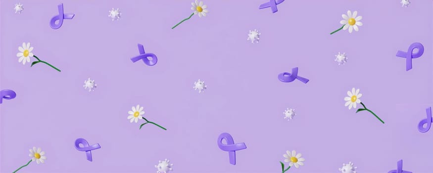 purple ribbon with flowers and space for world Cancer Awareness Month and World Cancer Day banner background design in 3D illustration..