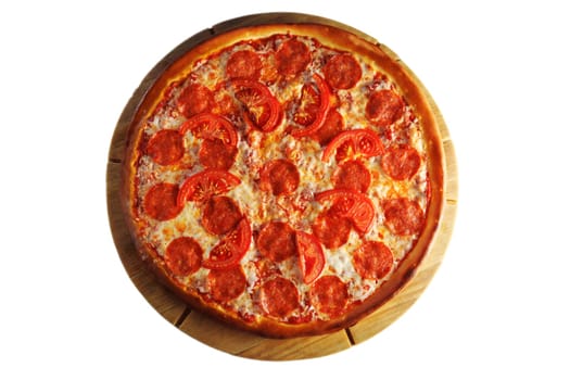 Baked pepperoni and tomato pizza sits invitingly on a wooden serving board, isolated on a white background