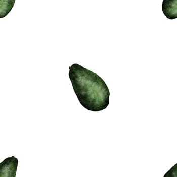 Avocado green ripe fresh fruit in a seamless pattern on a white background. Ripe Persea americana in a succulent watercolor illustration. Fruit summer drawing. Proper nutrition and healthy breakfasts. High quality illustration