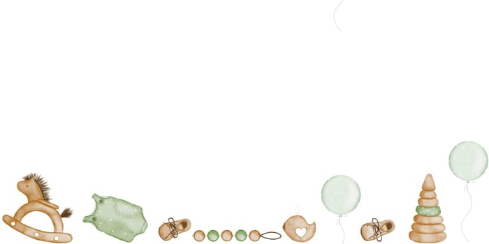Watercolor border of baby toys in retro style. Cute illustrations in pastel colors on a white background. Kawaii picture of a horse, pyramid, balloon for children's design and textiles. High quality illustration