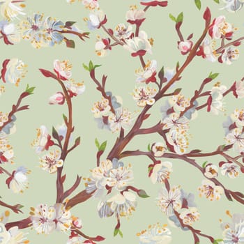 Sakura branches in a Seamless Asian oriental realistic pattern drawn for textile