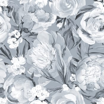 Botanical seamless pattern with peonies and sakura branches drawn in gouache for textile and design