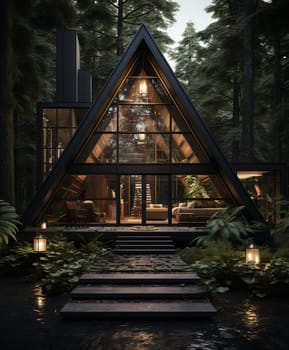 wooden house night view in the forest. High quality photo
