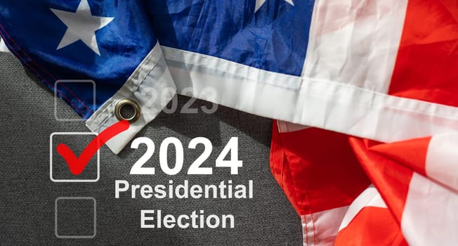2024 presidential election year in United States as illustration template on blue background wall with reflection. High quality photo