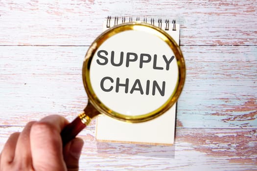 SUPPLY CHAIN text seen through magnifying glasses on a notepad