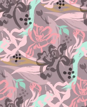 brown flower pattern with tulips painted with brush free strokes for surface design and textile production