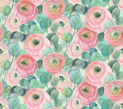 watercolor delicate seamless pattern with delicate roses and eucalyptus branches on a light green background