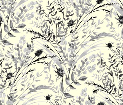 Monochrome seamless pattern with silhouettes of branches and leaves of a fern for summer textiles