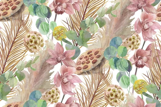 watercolor seamless pattern with orchids and dry palm branches and eucalyptus leaves for textiles and surface design