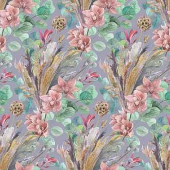 watercolor seamless pattern with orchids and herbarium of dried flowers and eucalyptus branches on a purple background for textiles and surface design