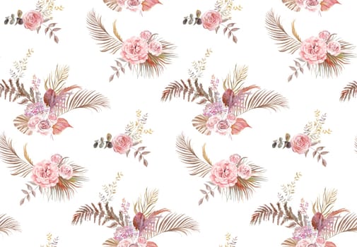 Seamless watercolor pattern with herbarium of tropical palm leaves and delicate roses on white background for textile and surface design