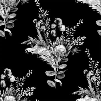 Botanical seamless black and white pattern with bouquet of dried protea flowers and tropical dried flowers on black background for