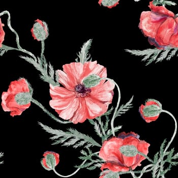 Seamless botanical watercolor pattern with poppies on a white background. Vintage summer print for textile and surface design