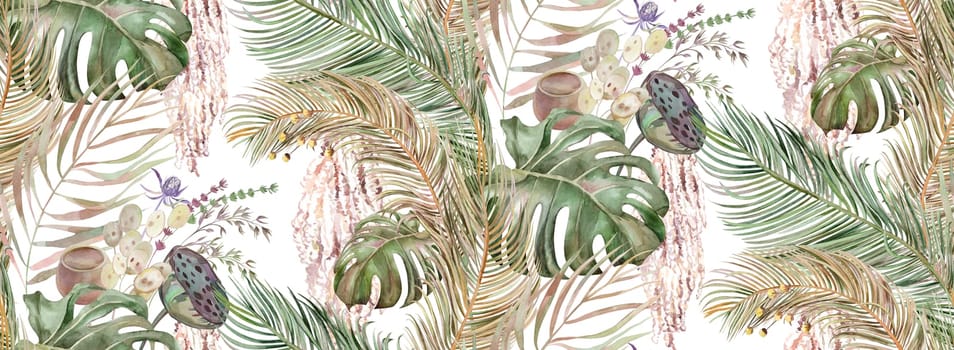 Seamless botanical pattern jungle with watercolor leaf silhouettes for textile
