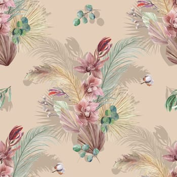 seamless pattern with orchid flower and dry palm leaves on a beige background. Botanical summer motif in boho style for textiles and design
