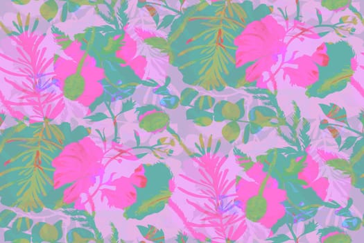 Summer seamless pattern with silhouettes of flowers. Botanical motif with mix of pink silhouettes for textile and design