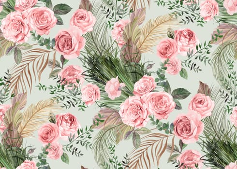 Seamless watercolor pattern with flowers of delicate roses and dry branches and leaves of palm trees for textile