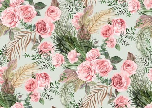 Seamless watercolor pattern with flowers of delicate roses and dry branches and leaves of palm trees for textile