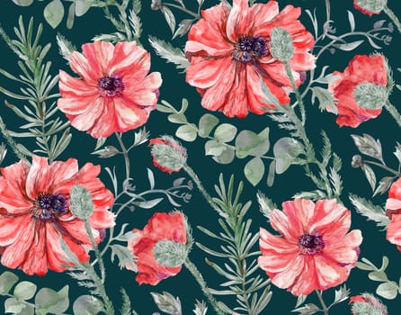 Seamless watercolor pattern with red poppy flowers and eucalyptus leaves on green background for summer design of textiles and surfaces