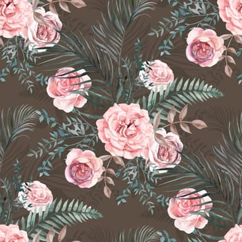 Seamless watercolor pattern with a Bouquet of roses and tropical dried flowers in Boho style painted in watercolor for textile and fabrics