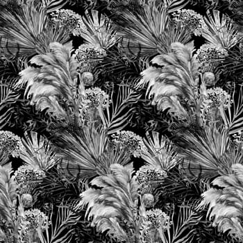 Monochrome watercolor seamless pattern with herbarium of protea flowers and tropical palm leaves on black for textile