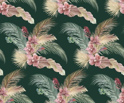 Botanical watercolor pattern with orchid flowers and dry palm leaves on green background in boho style for summer textile and surface design