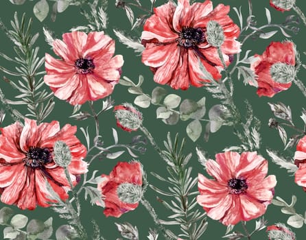 Seamless pattern with red poppies on a green background. Watercolor botanical motif for summer textile and surface design