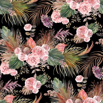 Seamless pattern with a Bouquet of delicate roses and tropical dried flowers in Boho style painted in watercolor on a black background for design for textiles and surface design