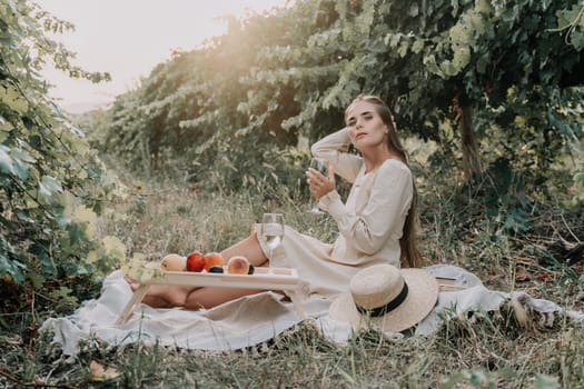 Picnic and wine tasting at sunset in the hills of Italy, Tuscany. Vineyards and open nature in the summer. Romantic dinner, fruit and wine.