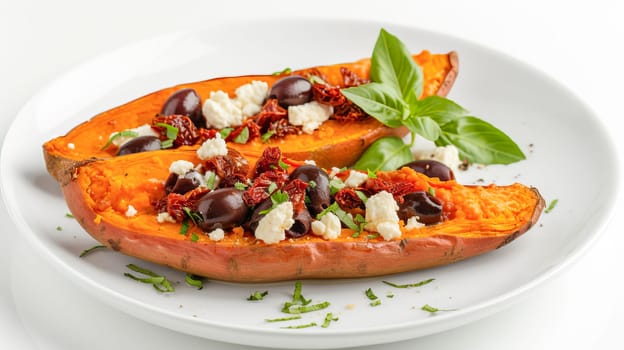 Oven-baked sweet potato stuffed with feta cheese, olives and sun-dried tomatoes on a white plate, white background. AI generated.