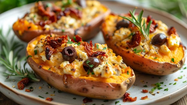 Oven-baked sweet potato stuffed with feta cheese, olives and sun-dried tomatoes on a white plate, white background. AI generated.