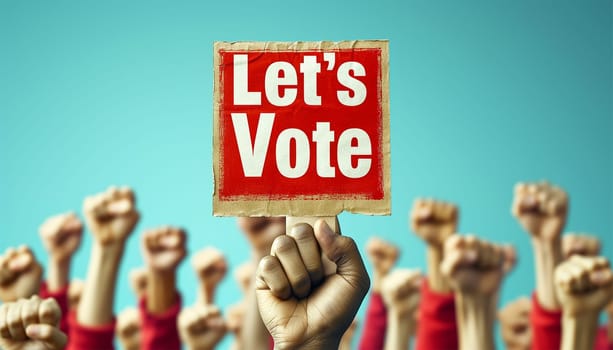 Text Let's vote Flat presidential election and democracy political president, governor, or parliament member with election and referendum freedom to hand wood vote copy space