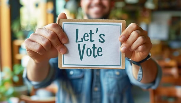 Text Let's vote Flat presidential election and democracy political president, governor, or parliament member with election and referendum freedom to hand wood vote copy space