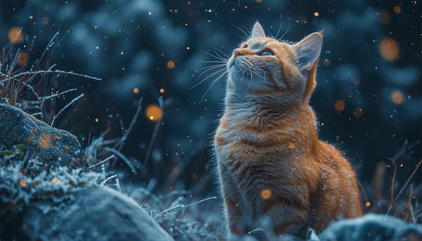 A cute cat looking outside at the starry colorful sky. Cute kitten magical sparkles. Starry glow lights in nature Magical landscape fairytale beauty Copy space