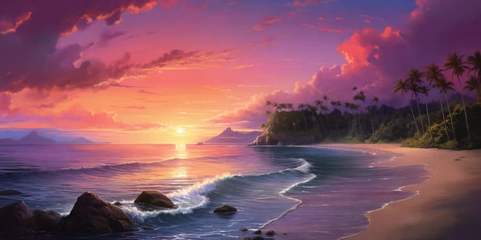 A breathtaking view of a pink-sand beach at sunset, with vibrant hues of blue and pink filling up the sky, promising a serene evening
