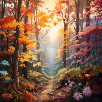 A stunning autumn landscape with a red tree, tropical mountain flowers, and a path. The light shining through the trees creates a beautiful ambiance