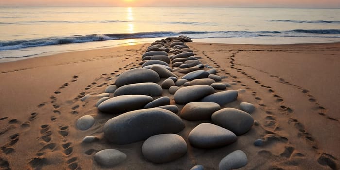 Pattern of stones on a sandy beach, illuminated by the warm colors of a sunset.