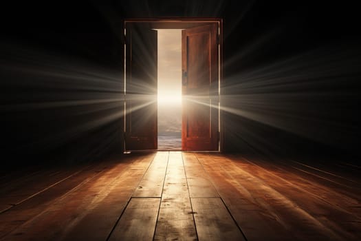Bright rays are visible from the slightly open door. The door to a better future or paradise.