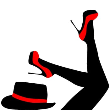 Legs in black tights with red shoes and hat next to them