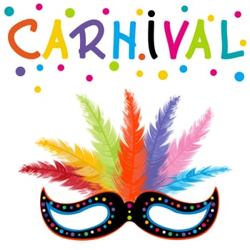 Carnival poster with a mask with colorful feathers