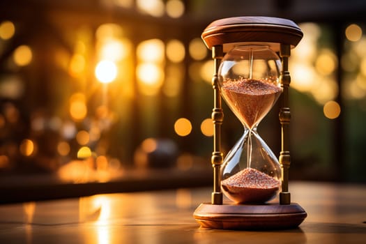Elegant hourglass on a wooden surface with golden bokeh background.