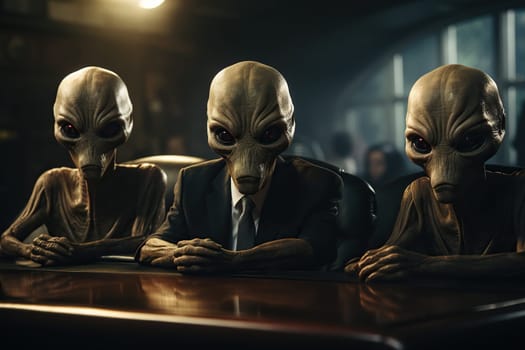 Aliens in business suits are sitting at the negotiating table.