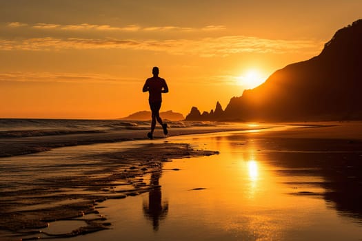 Silhouette of a man jogging along the shore at sunset and dawn.