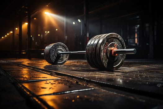 Barbell for fitness training on a wooden floor. Power training.