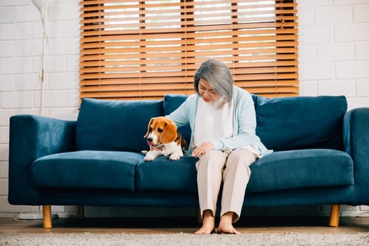 In their pension years, a woman and her Beagle puppy find solace in the living room. Their smiles and warmth showcase the beauty of companionship, making their home a haven of happiness. Pet love