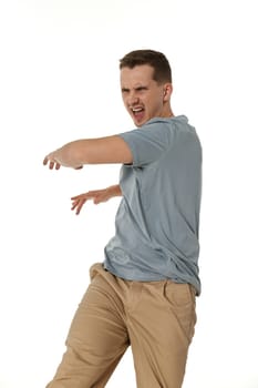 annoyed angry man fighting on white studio background